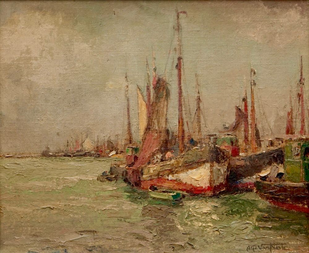 Alfred Van Neste (1874-1969), Vissersboten aan de kust, olie op doek