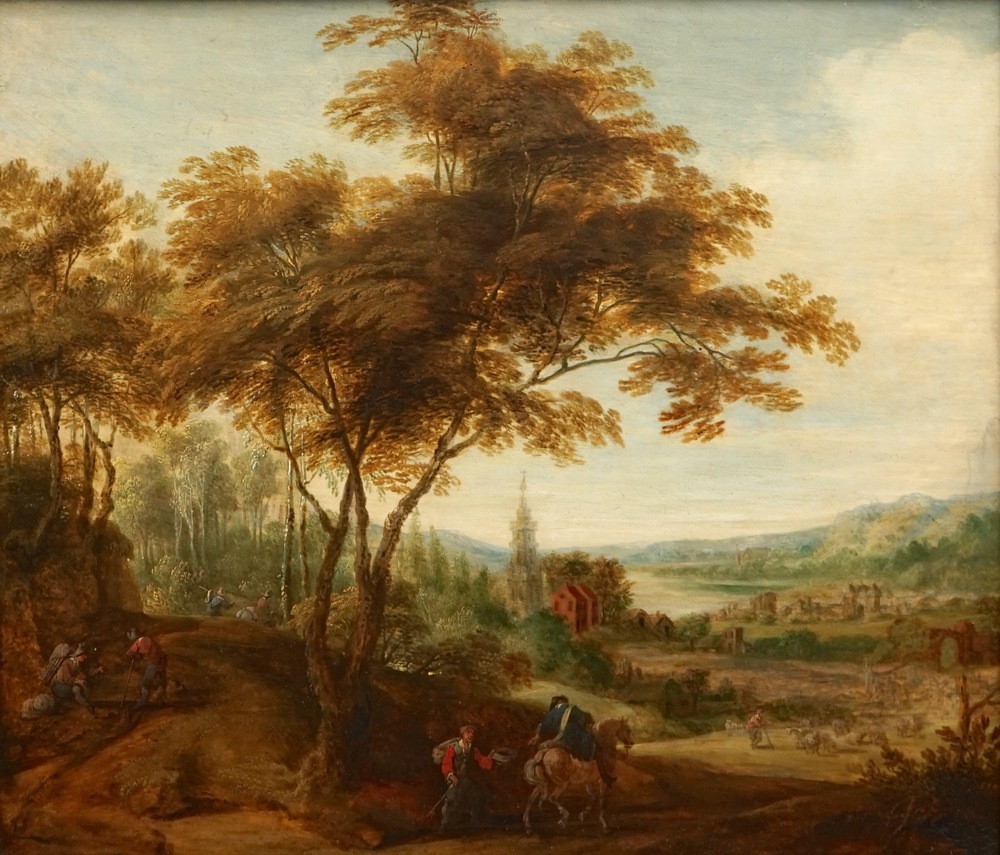 After Jacques D&rsquo;Arthois, A landscape with travellers, oil on panel, 19th C.