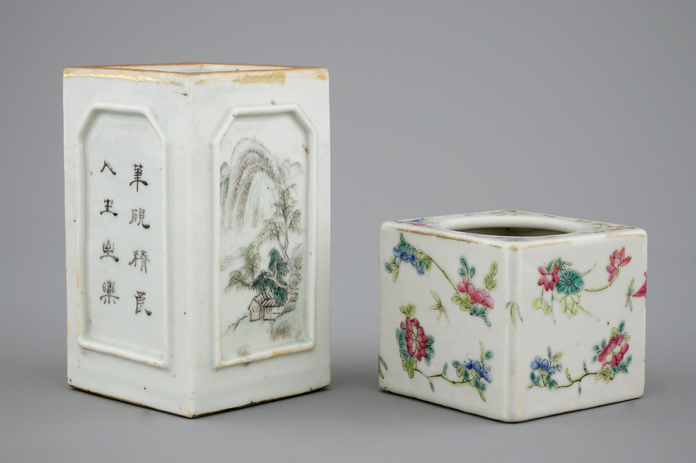 A Chinese square qianjiang cai brush pot and a famille rose brushwasher, 19/20th C.