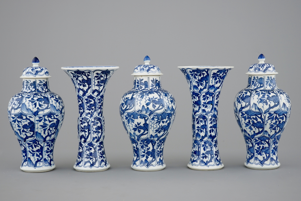 A Chinese blue and white five piece garniture, Kangxi