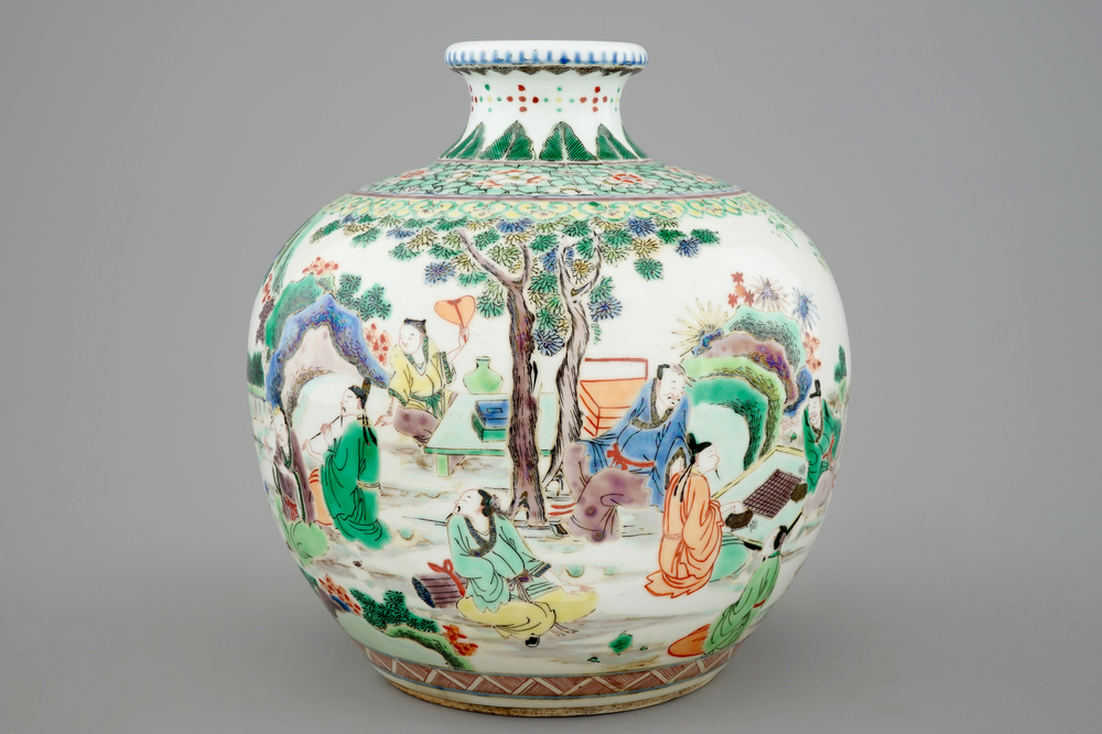 A fine Chinese famille verte vase with scholars in a garden, 19th C.