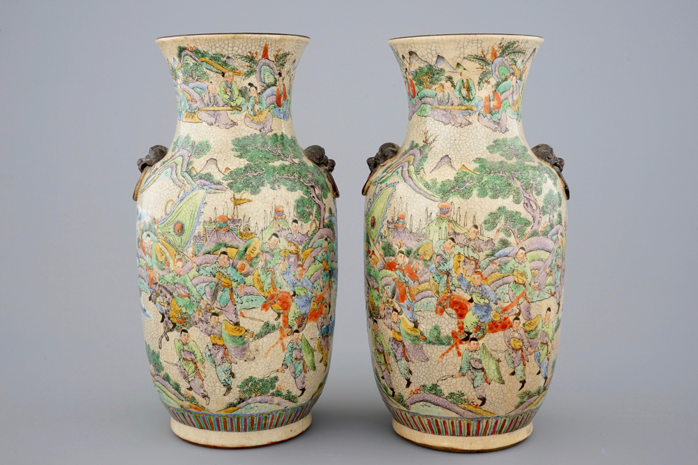 A fine pair of Chinese famille verte crackle glaze vases, Nanking, 19th C.