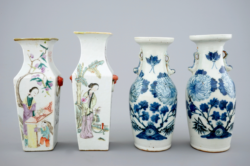 Quatre vases en porcelaine de Chine bleu et blanc et qianjiang cai, 19/20&egrave;me