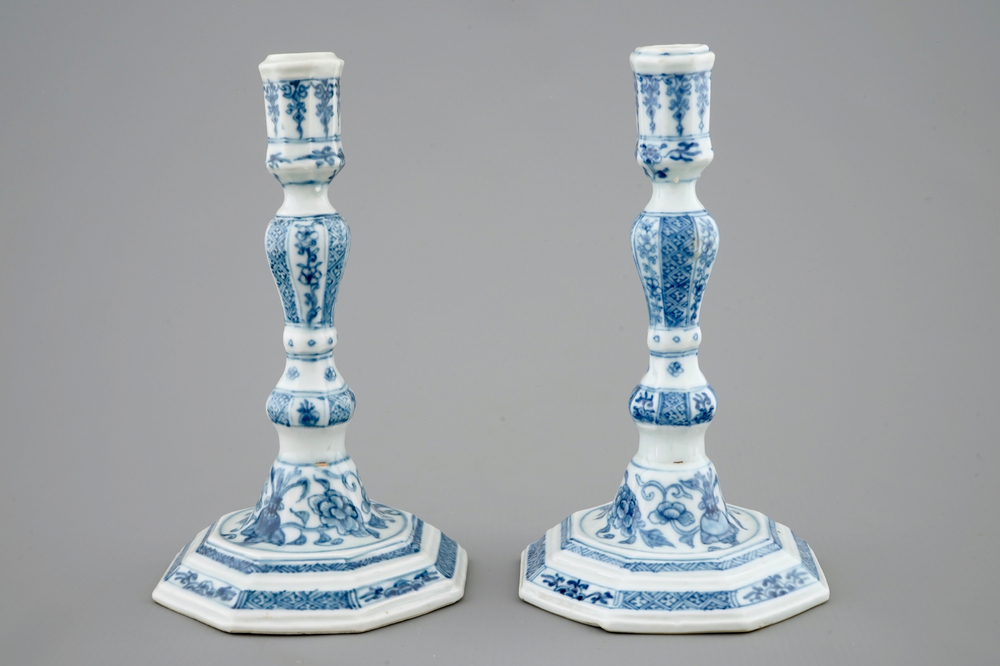 A pair of Chinese blue and white candlesticks, Qianlong, 18th C.