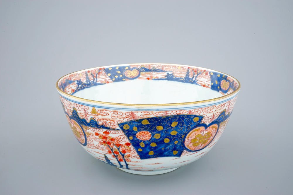 A large Chinese export porcelain Imari style punchbowl, Kangxi