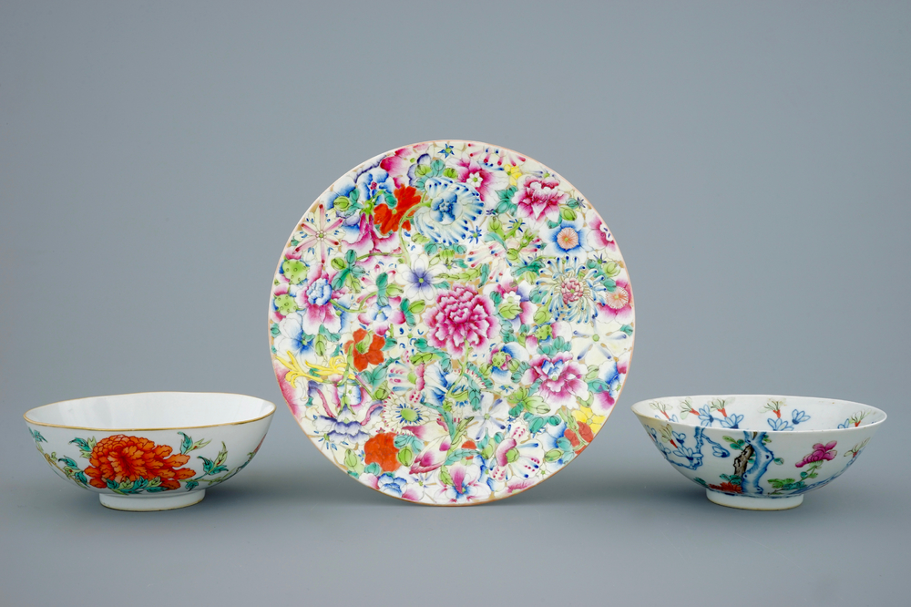 Two Chinese bowls with floral designs and a millefleur plate, 19th C.