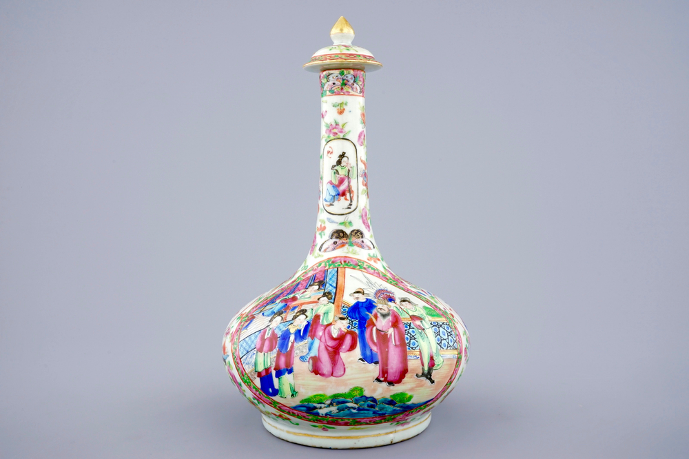 A Chinese bottle-shaped Canton famille rose vase and cover, 19th C.