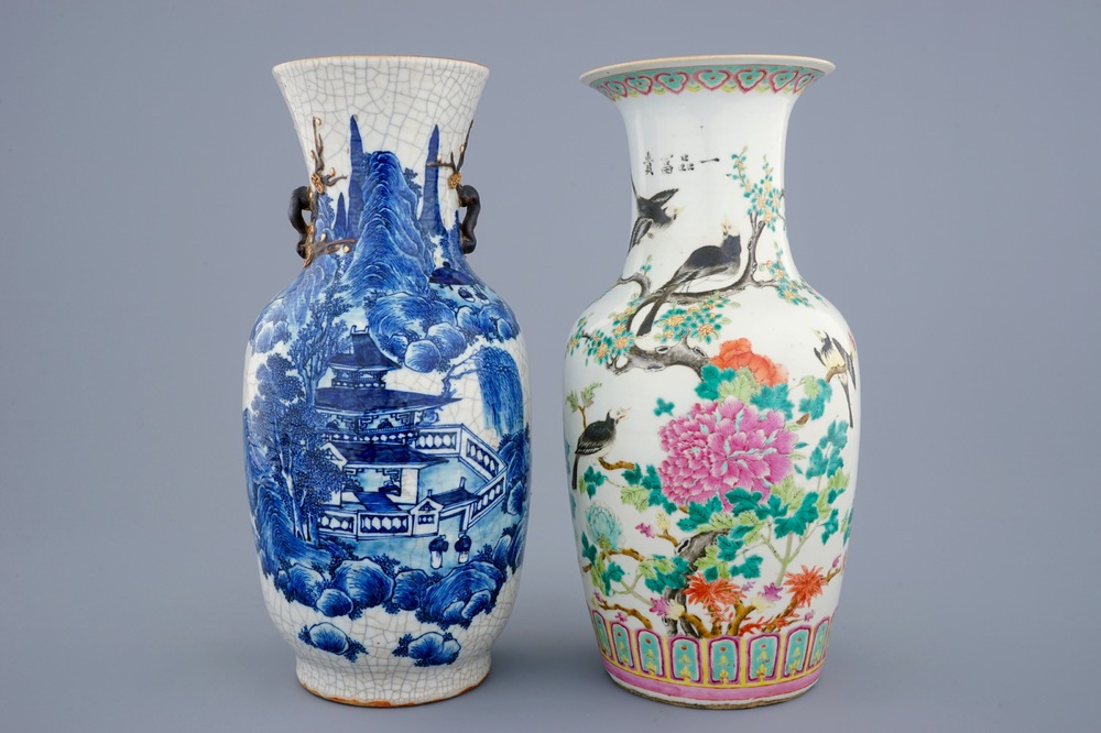 Two Chinese famille rose and blue and white vases, 19th C.