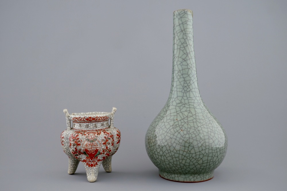 A Chinese crackle glazed tripod censer and a vase, 19th C.