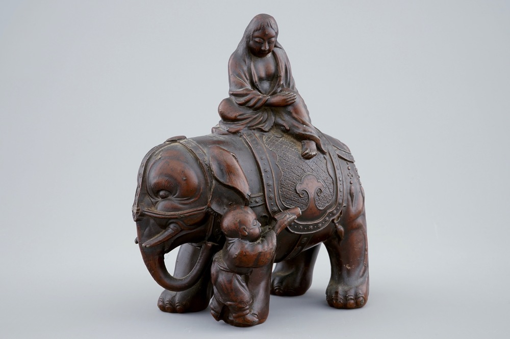 A Chinese bronze group of Guanyin on an elephant, Qing