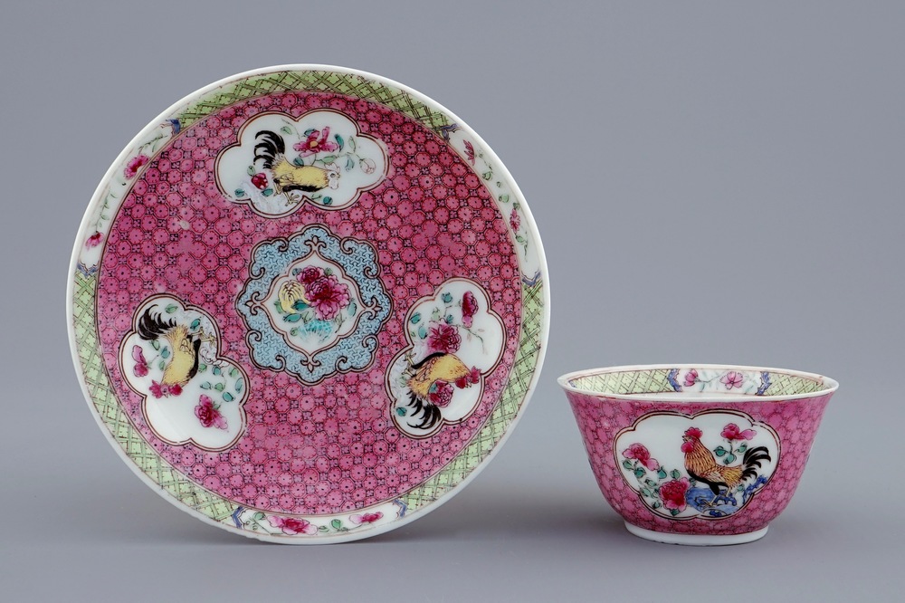 A Chinese famille rose eggshell cup and saucer with a rooster, Yongzheng, 1723-1735