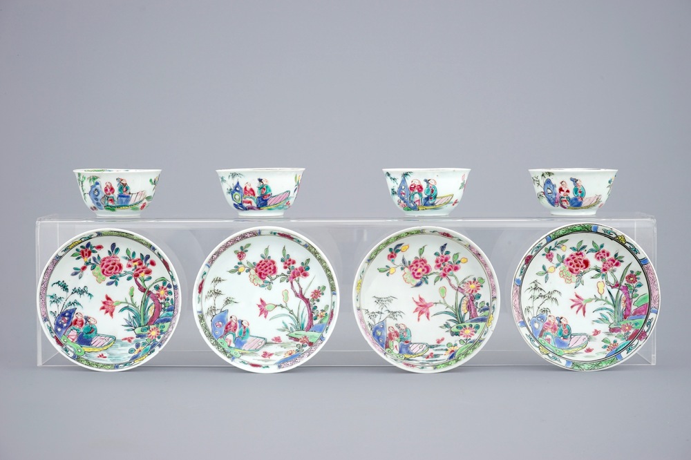 A set of 4 Chinese famille rose cups and saucers, Yongzheng/Qianlong