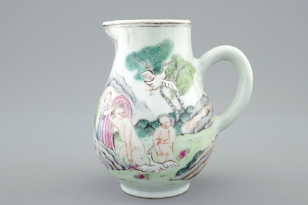 A Chinese famille rose export porcelain milk or cream jug with Leda and the swan, Qianlong, ca. 1740