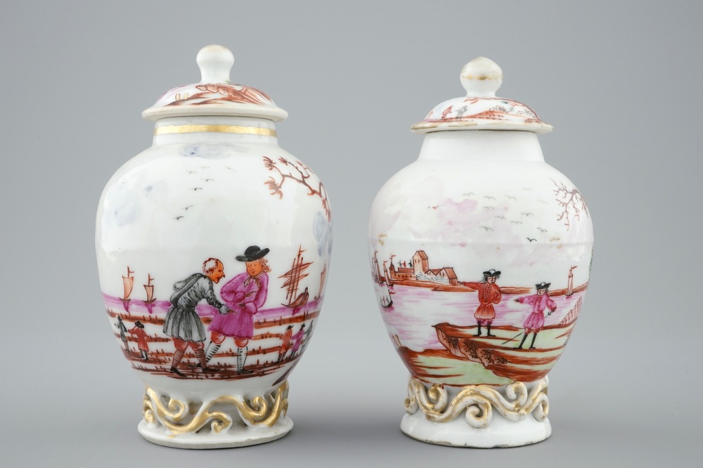 Two Chinese famille rose European subject tea caddies and covers, Qianlong, 18th C.