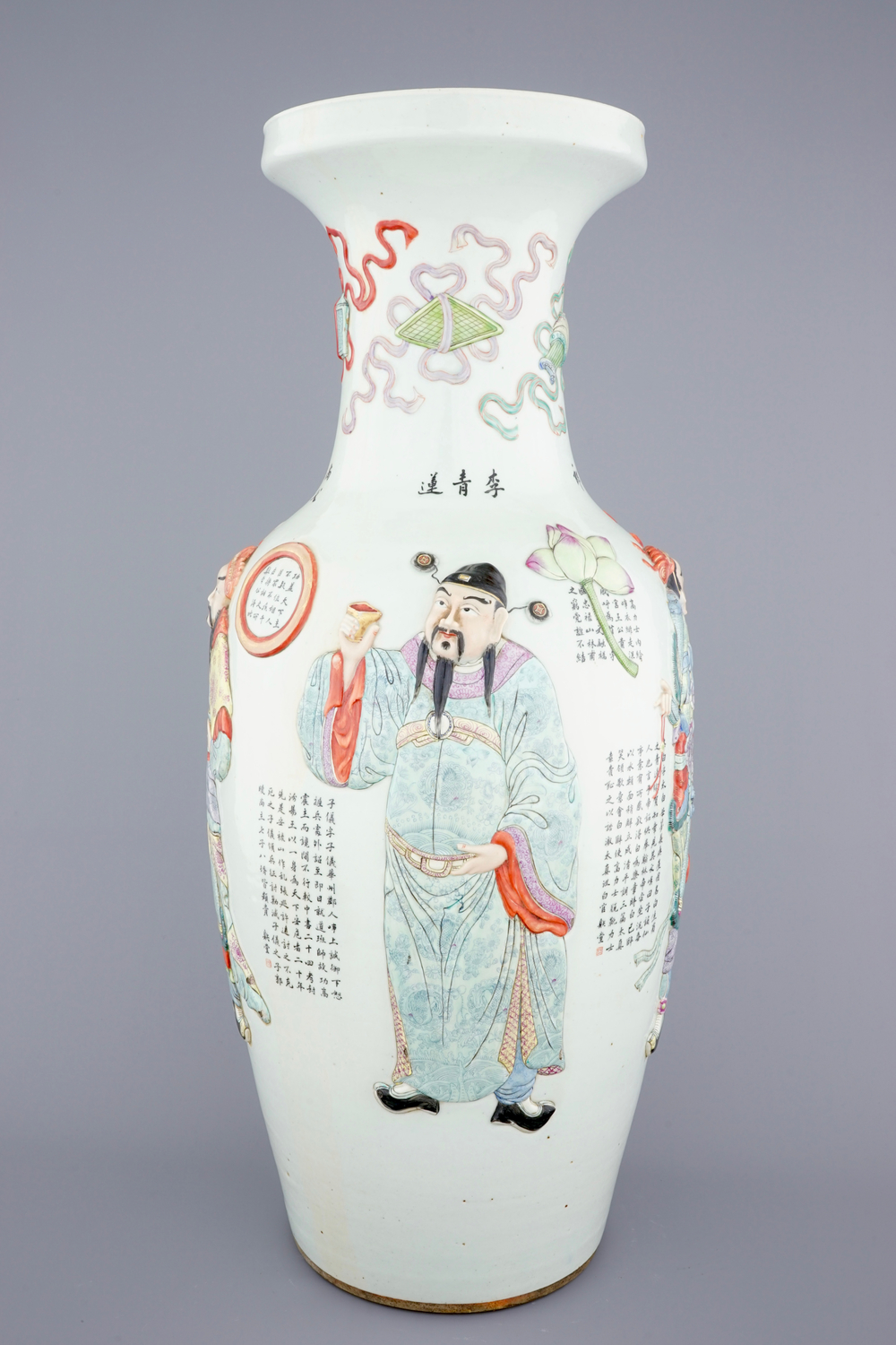 A massive Chinese relief-decorated famille rose &quot;Wu Shuang Pu&quot; vase, 19th C.