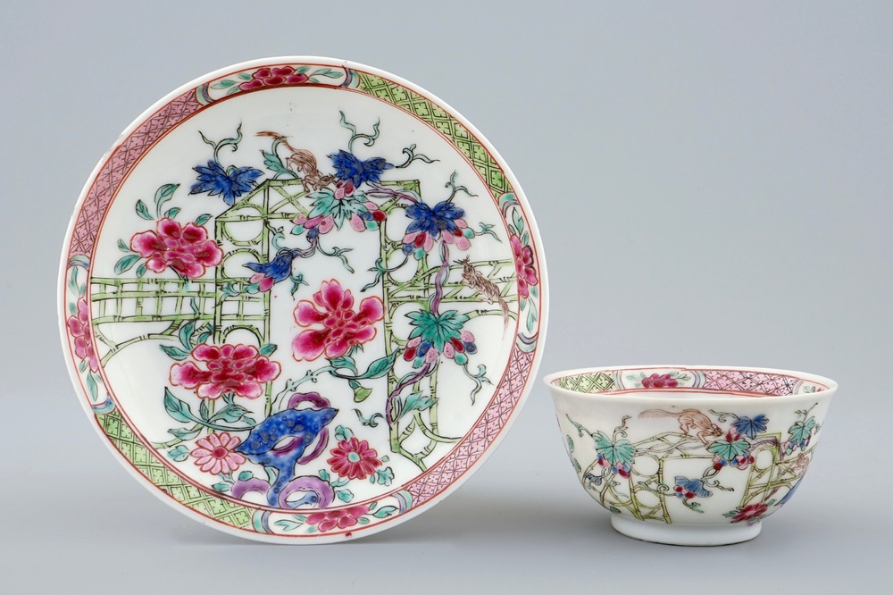 A Chinese famille rose eggshell cup and saucer with squirrels, Yongzheng, 1723-1735