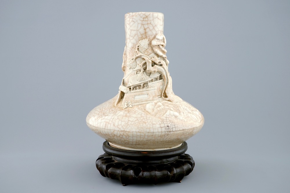 A Chinese crackle glaze vase with an applied landscape, Nanking, 19th C.