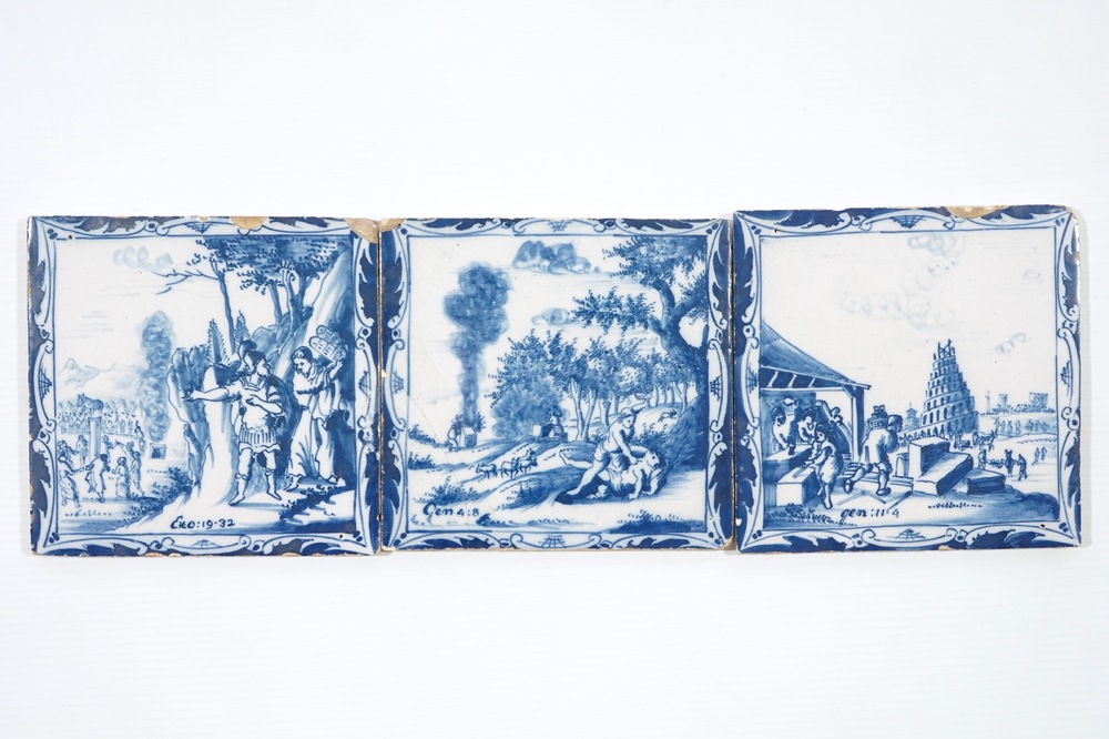 A set of three fine Dutch Delft blue and white biblical tiles, 18th C.