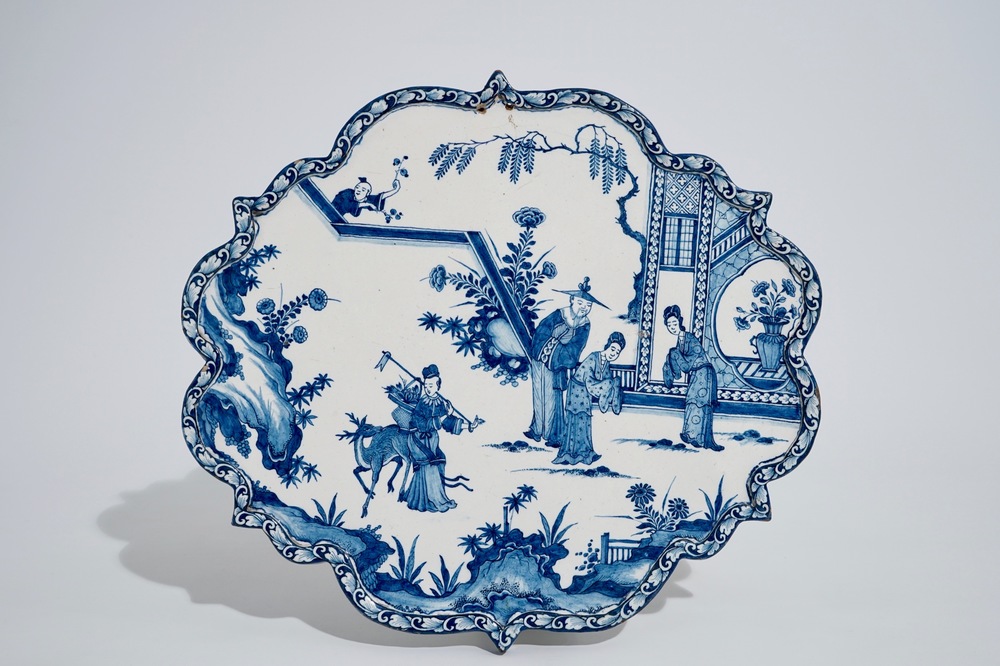 A very fine Dutch Delft blue and white chinoiserie plaque, early 18th C.