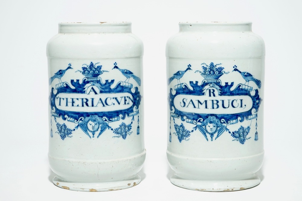 A pair of large Dutch Delft blue and white pharmacy jars, 18th C.