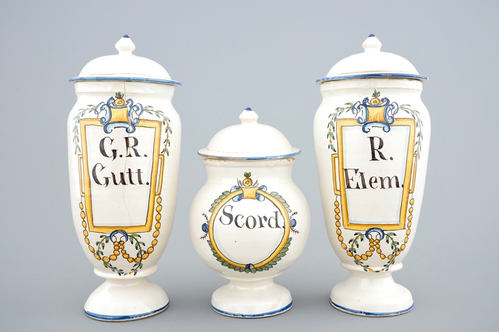 Three polychrome pharmacy jars with covers, Haguenau, France, 18th C.