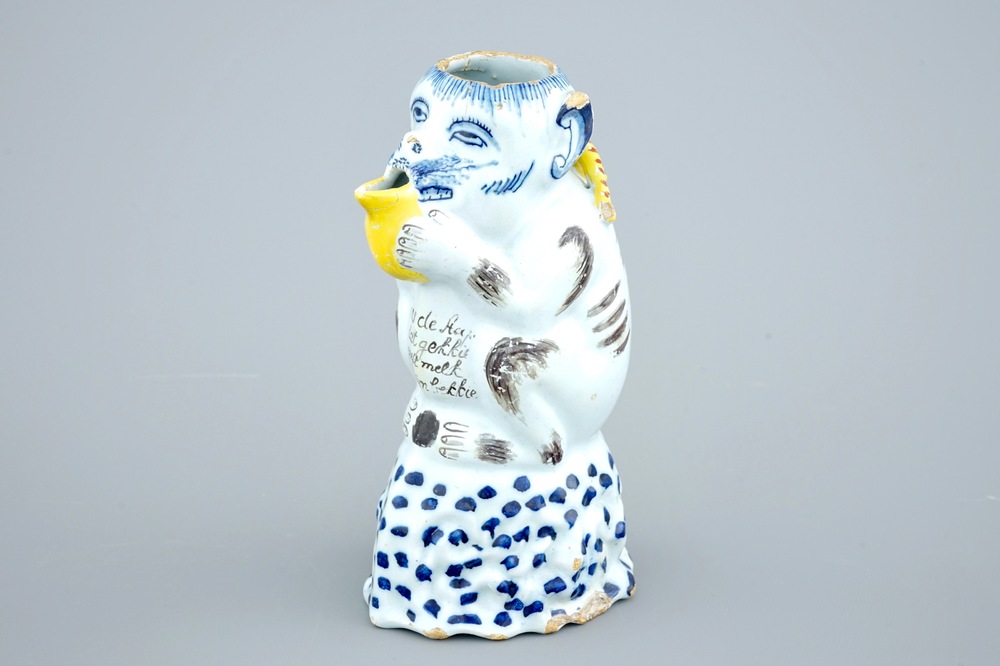 A polychrome Dutch Delft monkey-shaped jug, 18th C.