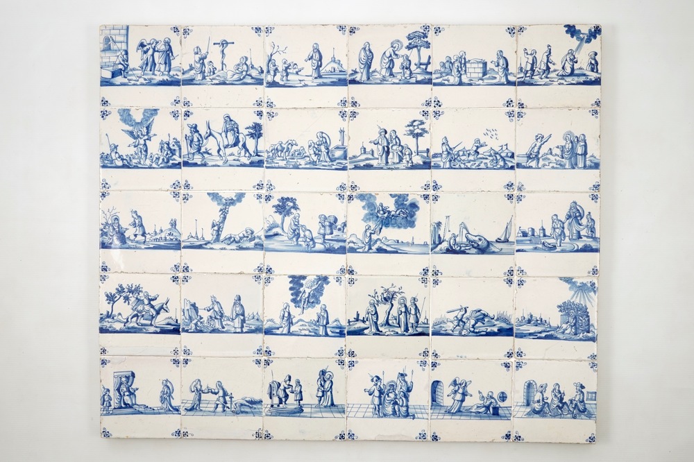 A panel of 30 blue and white Dutch Delft tiles, Rotterdam, late 17th C.