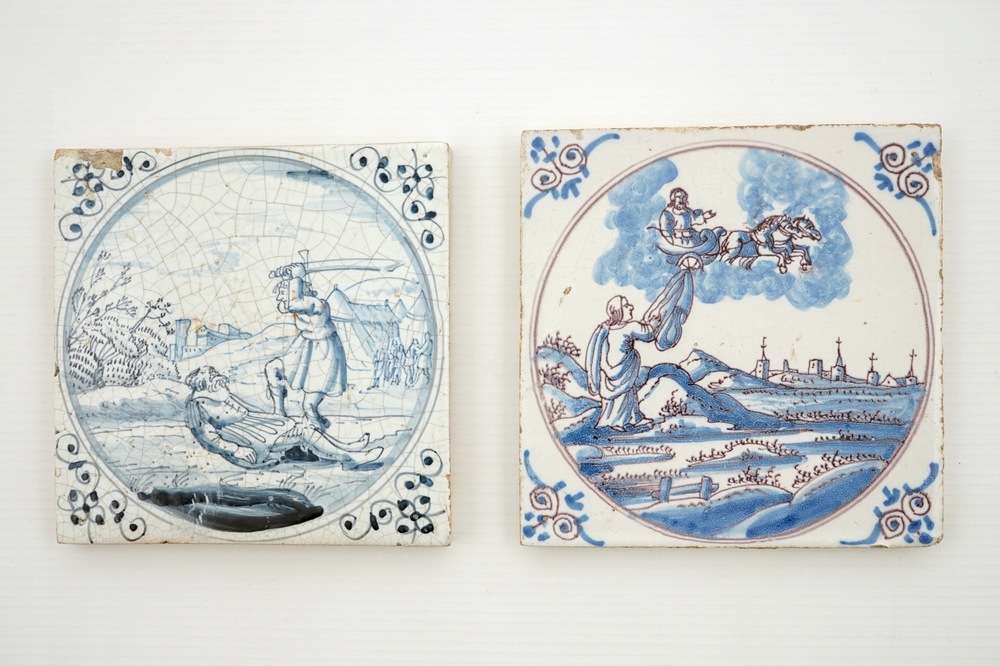 Two rare early Dutch Delft blue and white biblical tiles, late 17/early 18th C.