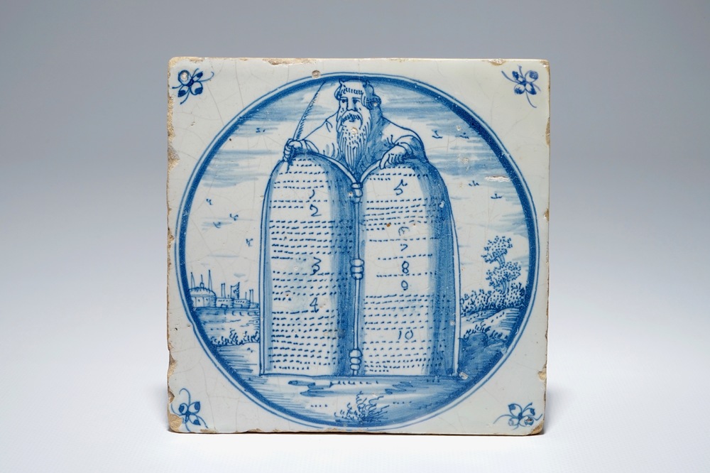 A rare Dutch Delft biblical tile &quot;Moses and the ten commandments&quot;, 17th C.