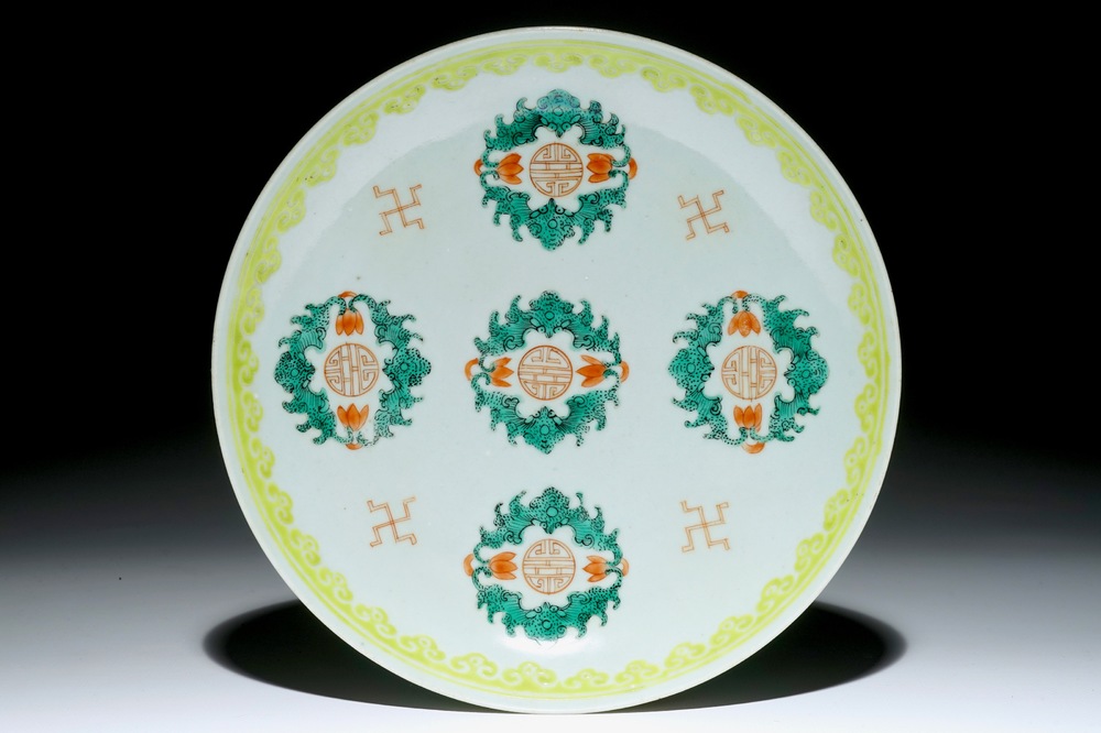 A Chinese famille verte plate with &quot;shou&quot; symbols 19th C.