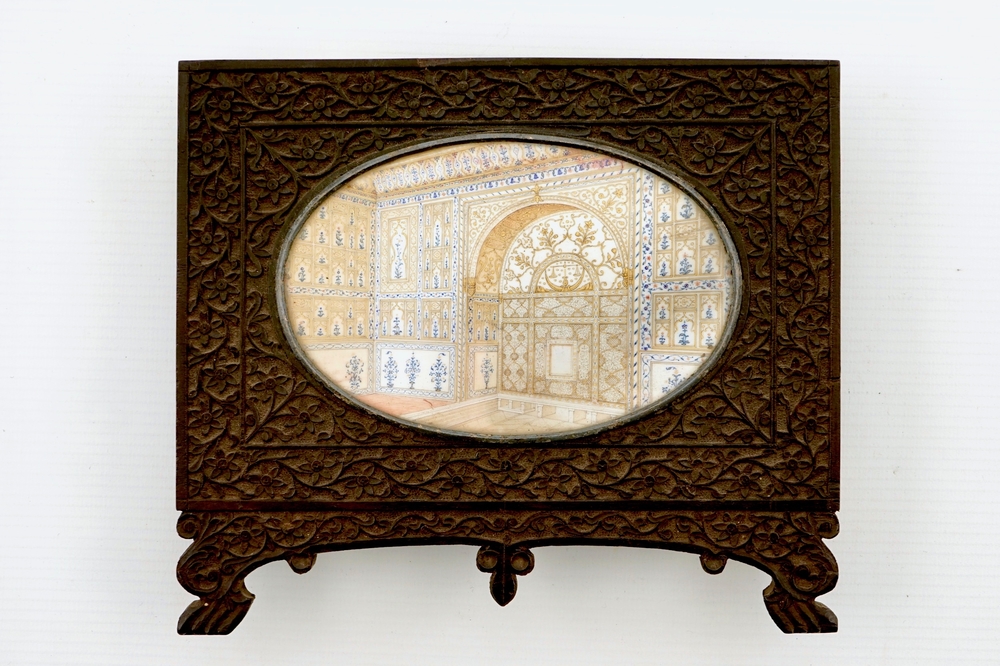 An Indian architectural miniature on ivory in carved ebony frame, 19th C.