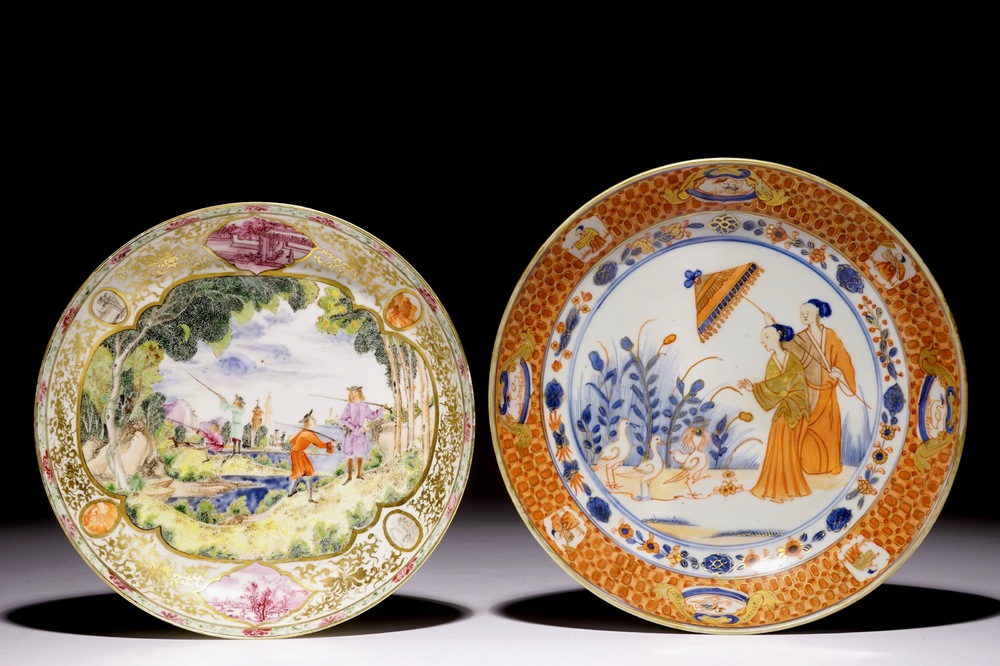 Une assiette en porcelaine de Chine Imari d'apr&egrave;s Cornelis Pronk: &quot;Dames au Parasol&quot; et une en style de Meissen, Qianlong