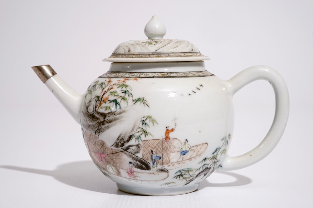 A Chinese silver-mounted grisaille-rose covered teapot, Yongzheng