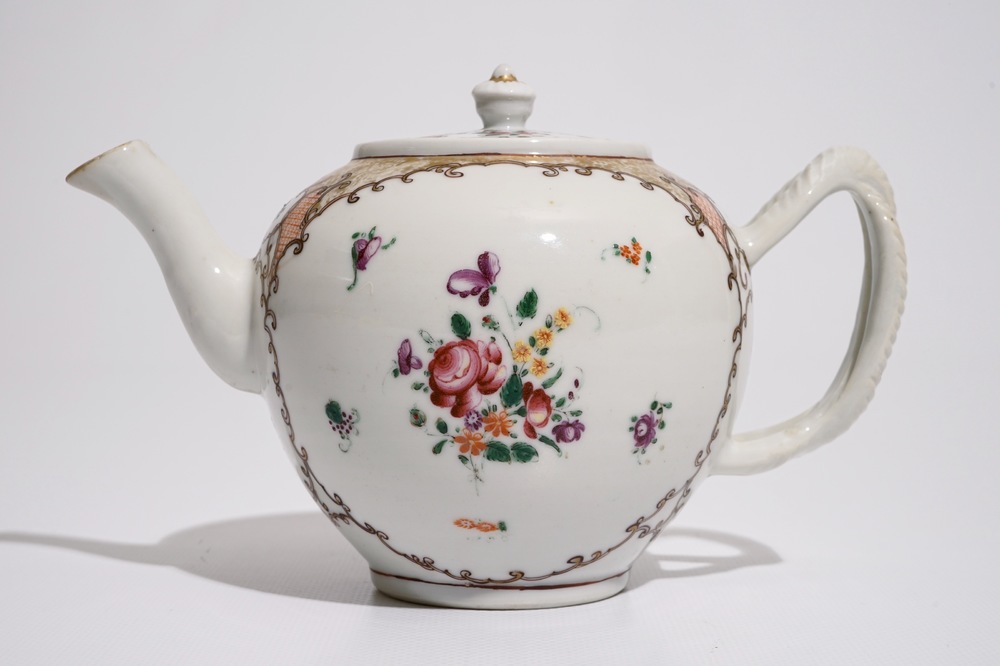 A Chinese famille rose export teapot with twisted handle, Qianlong