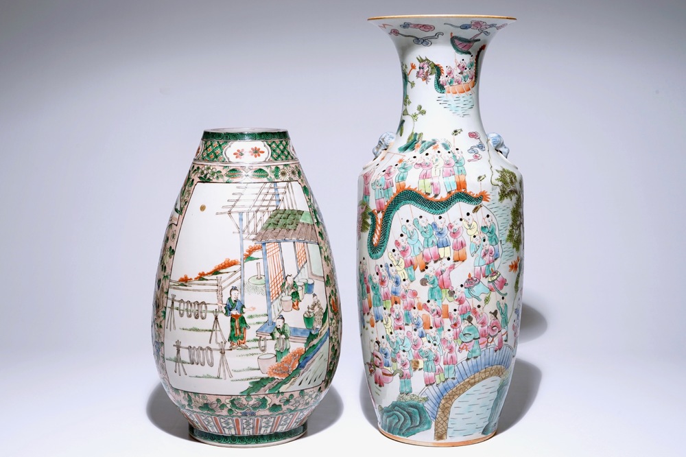 A Chinese famille verte silk production vase and a famille rose &quot;Hundred boys&quot; vase, 19/20th C.