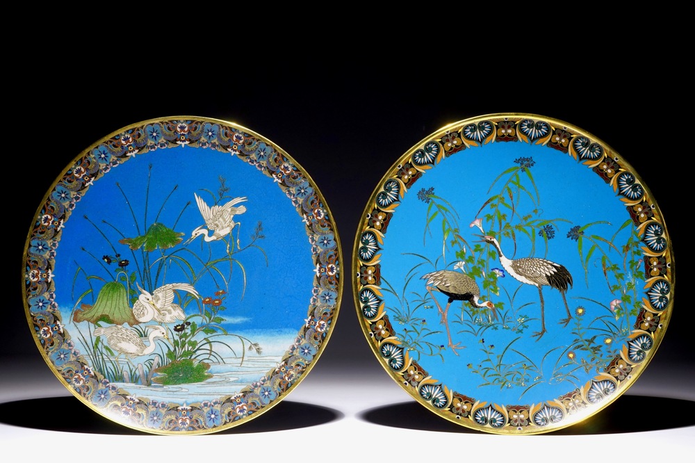A pair of Japanese cloisonn&eacute; chargers with birds, Meiji, 19th C.