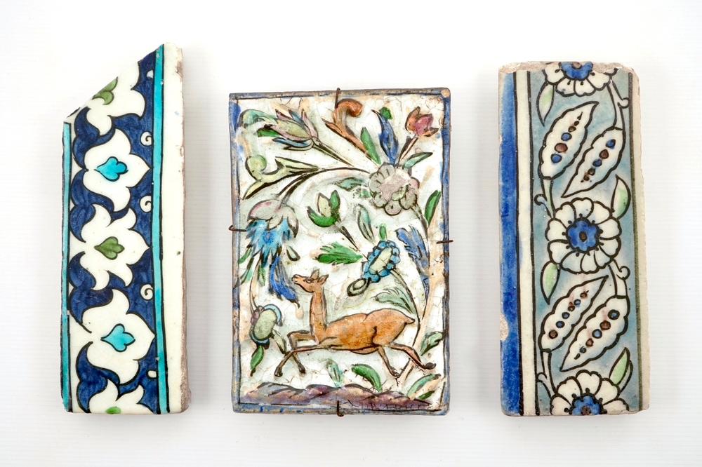 Three Islamic tiles from Damascus and Iran, Qajar, 17/19th C.