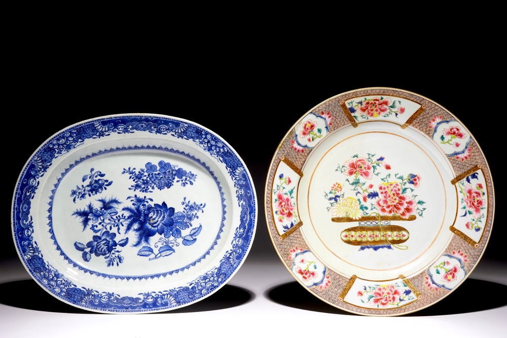 A Chinese famille rose dish with a flowerbasket and an oval blue and white floral dish, Qianlong