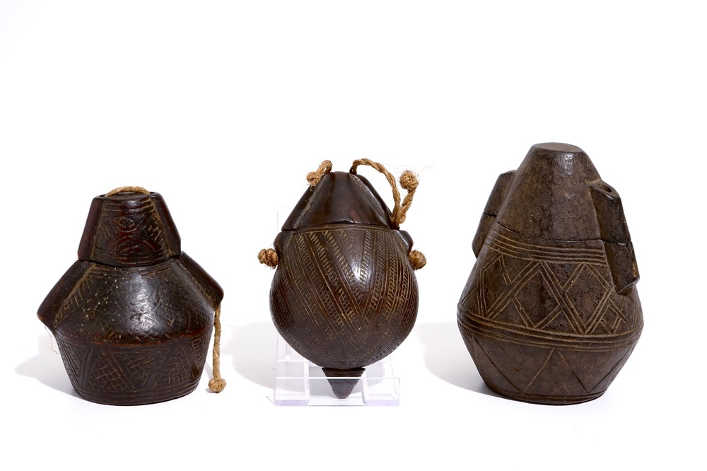 Three engraved wooden powder flasks, Bakongo, D.R. Congo, early 20th C.