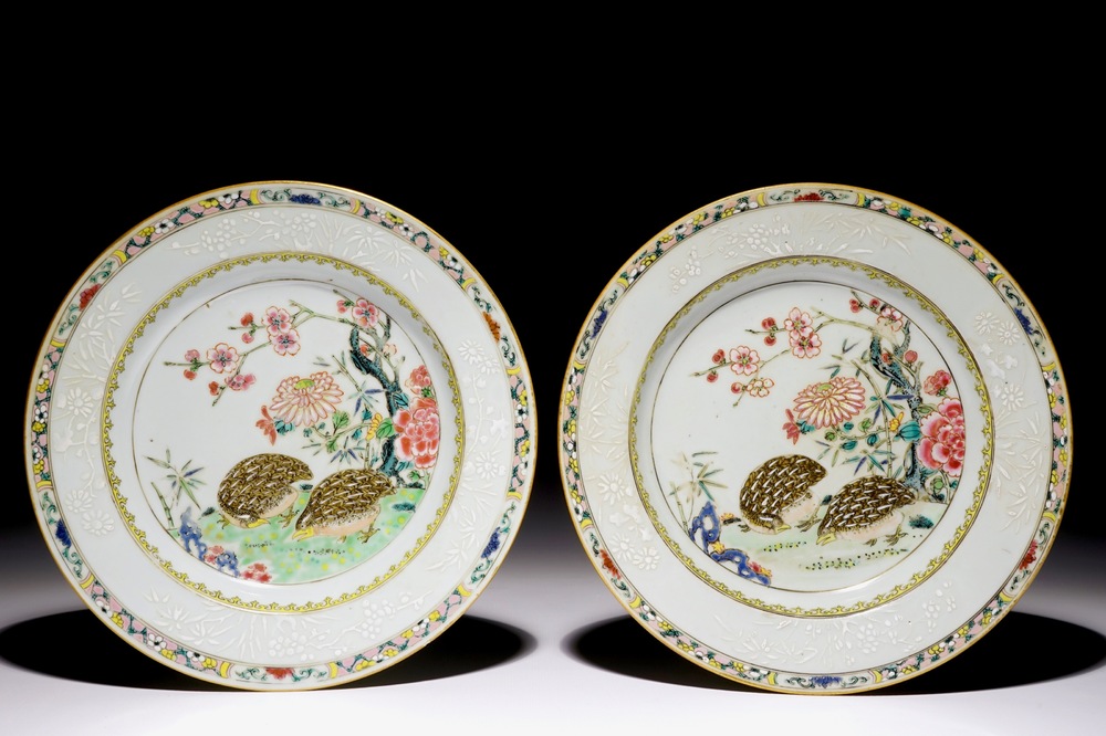 A pair of Chinese famille rose quails plates, Yongzheng