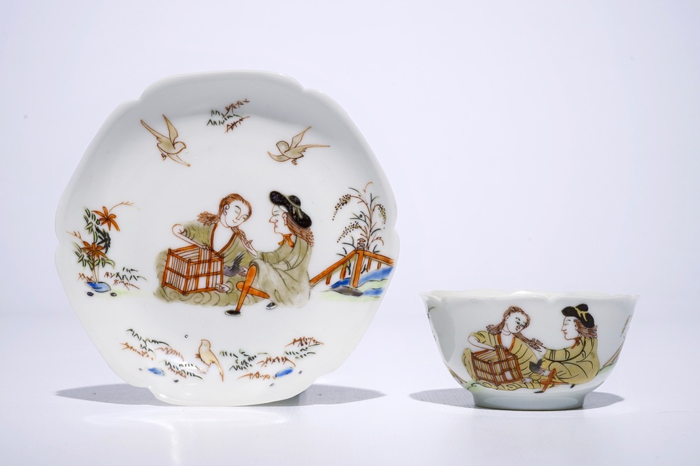 A fine Chinese export porcelain eggshell cup and saucer with a couple with a birdcage, Yongzheng