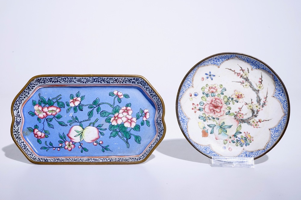 A Chinese Canton enamel floral saucer, Yongzheng and a rectangular saucer, 19th C.