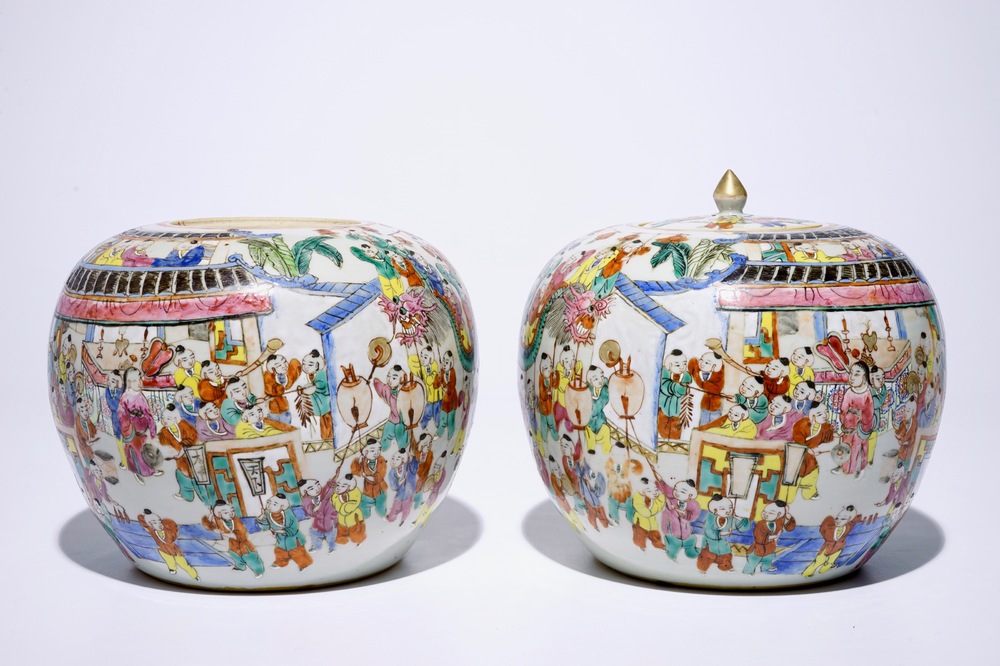 A pair of Chinese famille rose &quot;one hundred boys&quot; ginger jars, 19th C