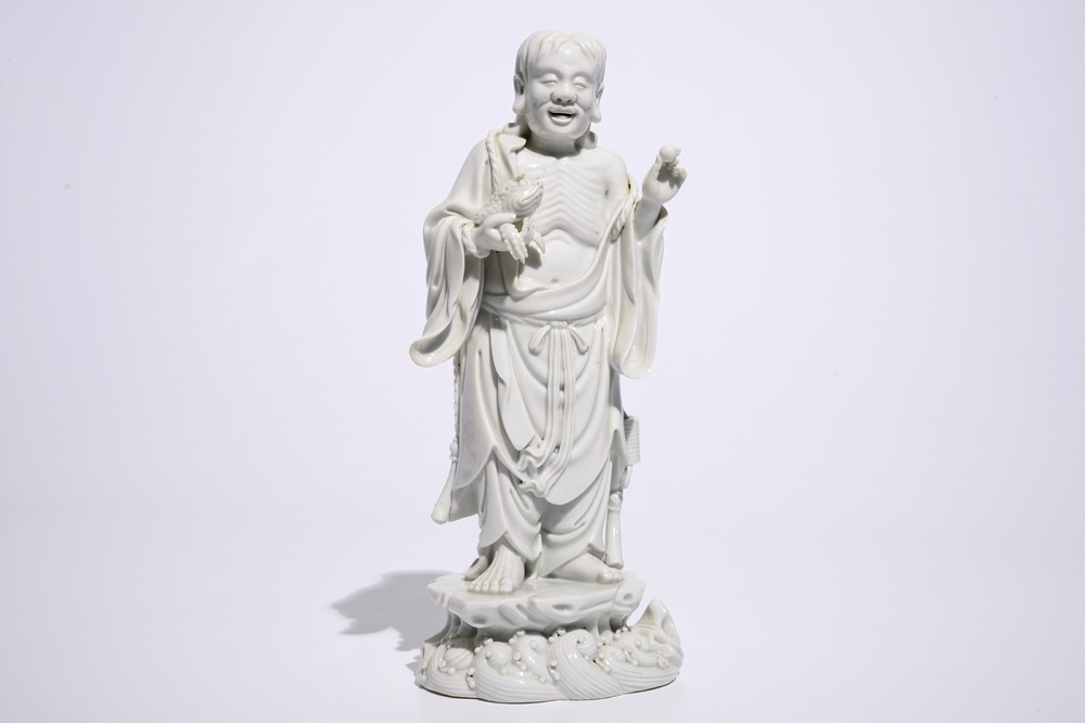 Een Chinese Dehua blanc de Chine figuur van Liu Hai met de pad, gemerkt voor Xie Bamboo, begin 19e eeuw