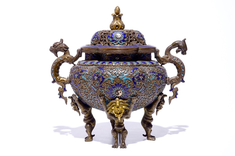 An unusual Chinese enamelled and gilt bronze censer on lion-shaped feet, 18/19th C.