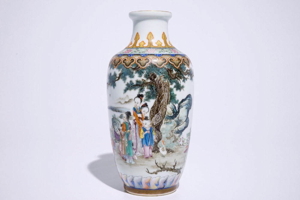 A fine Chinese famille rose vase with figures in a landscape, 20th C.