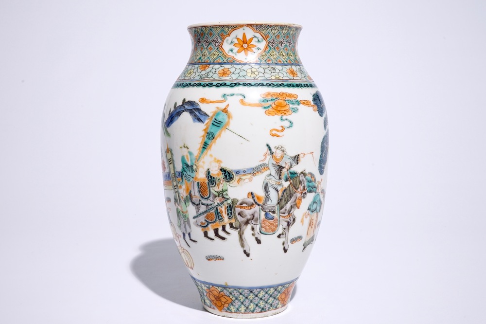 A Chinese famille verte ovoid jar with warriors, 19th C.