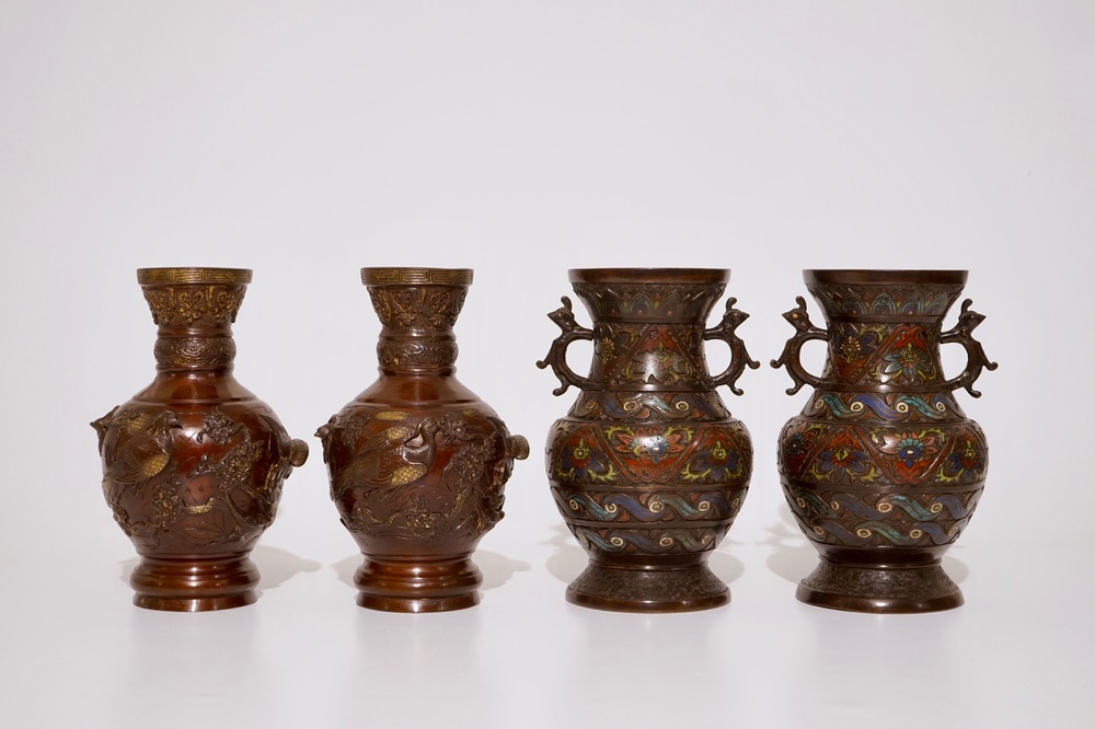 Two pairs of Japanese bronze and champlev&eacute; vases, Meiji, 19th C.