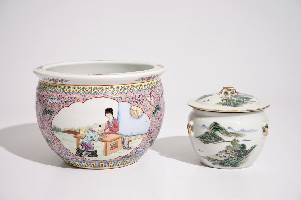 Un bol couvert en porcelaine de Chine qianjiang cai et un pot &agrave; fleurs en famille rose, 19/20&egrave;me