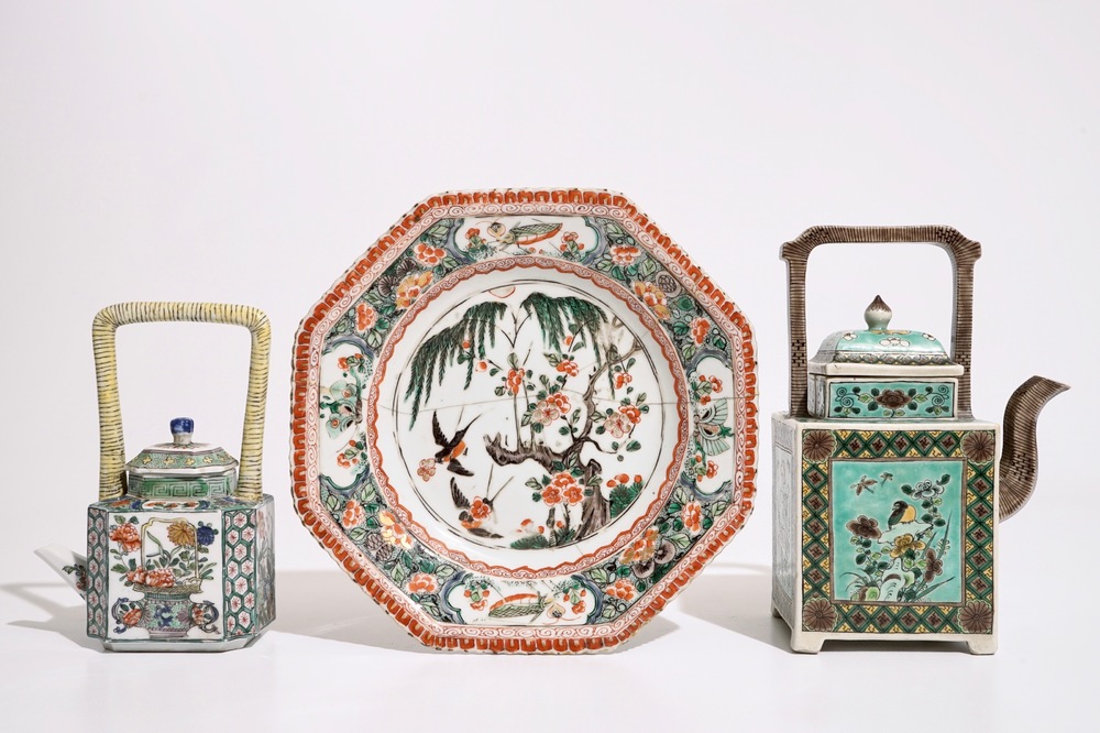 Two Chinese famille verte teapots and cover and an octagonal plate, Kangxi and later